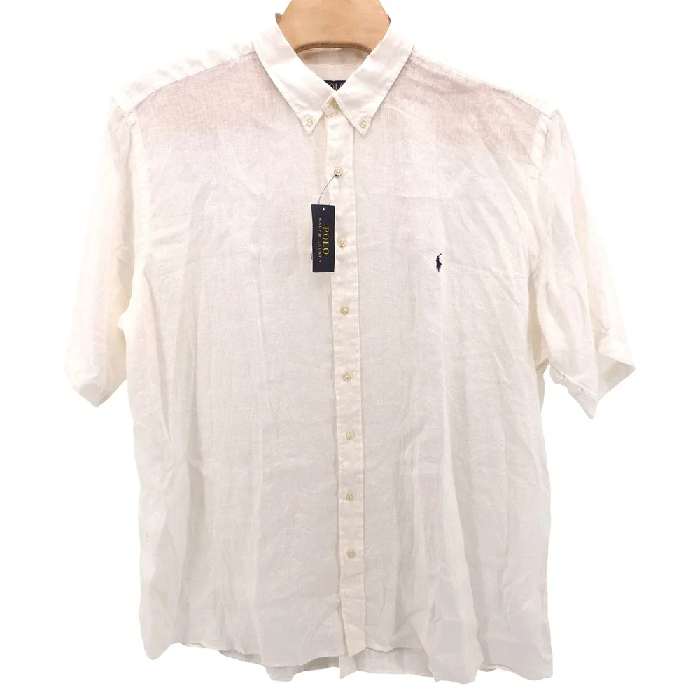 NEW Polo Ralph Lauren Linen Button Down Shirt White Short Sleeve Mens 3XLT $138